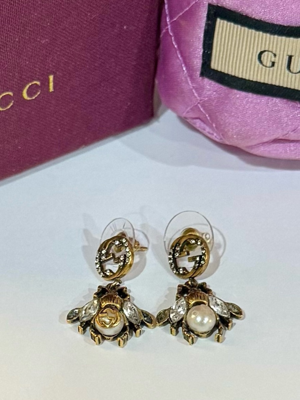 100% Authentic GUCCI Bee Gold-Tone Pearl Cluster Drop Earrings with Bag & Box